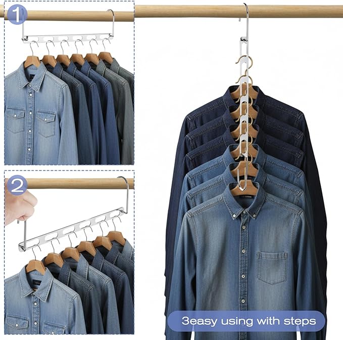 12 PCS Space Saving Hangers for Clothes, Multi Hanger 6 Slots Metal Closet Organizer Hangers Foldable Hanger Organizer Space Saver 360-Degree Rotation for Wardrobe and Dormitory Organization