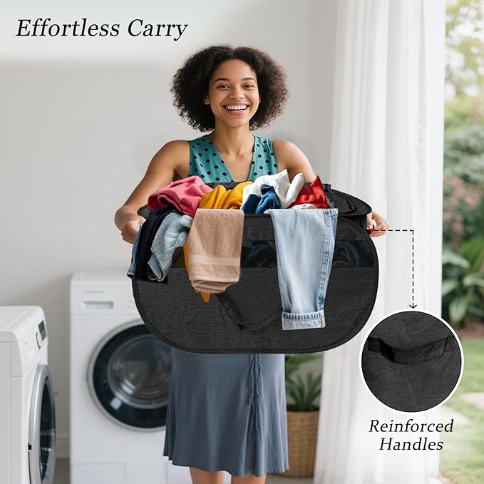 Upgraded 100L Extra Large Mesh Pop Up Laundry Hamper with Lid and Handles. XL Closet Storage Bins, Dirty Clothes Basket for Dorm Home, Foldable Laundry Basket. Black. H