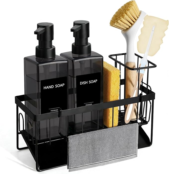 GMISUN Dish Soap Dispenser for Kitchen, 12 fl oz / 350 ml Dual Kitchen Soap Dispensers with Sponge Holder, Transparent Black Glass Kitchen Soap Dispenser Set, Modern Hand and Dish Soap Bottle Set