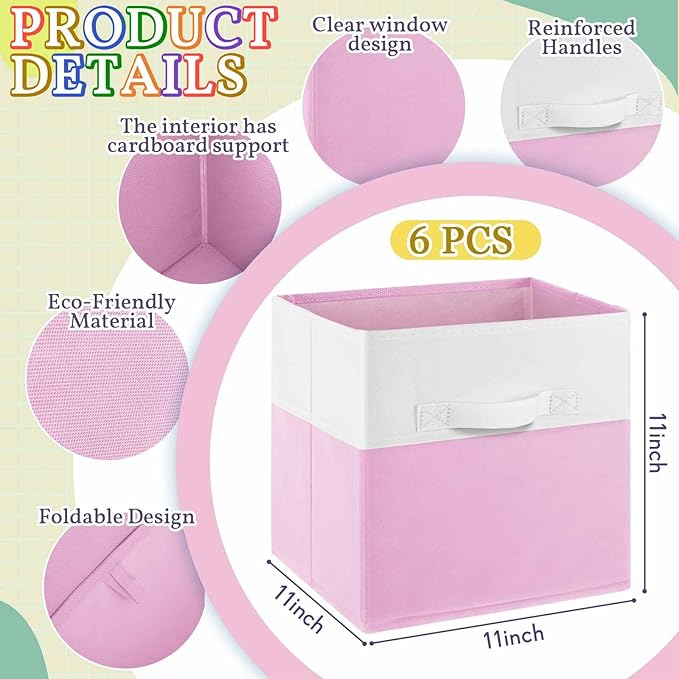 Yinder 6 Pcs Cube Storage Bin Pink 11'' Storage Bins for Playroom Decor Colorful Bins for Kids Foldable Baskets for Nursery Organizer Boxes Fabric Boxes