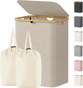 Lifewit 150L Laundry Basket with Lid, Clothes Hampers for Laundry with Bamboo Handles and 2 Removable Bag, Large Foldable Laundry Hamper for Bedroom, Bathroom, Dorm, Laundry Room, Beige