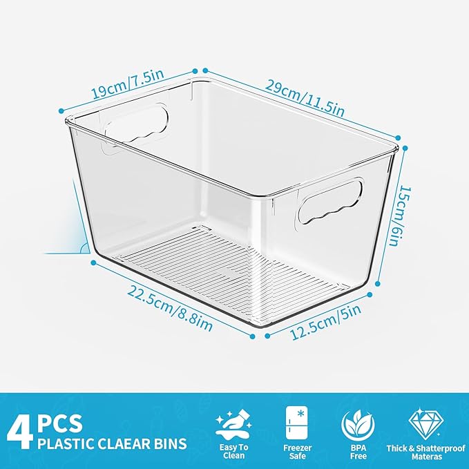 KJIXYUNG Clear Plastic Storage Bins, 4-Pack Stackable Pantry Organizers and Storage Containers for Kitchen, Fridge, Cabinet and Closet Organization - Home Essentials