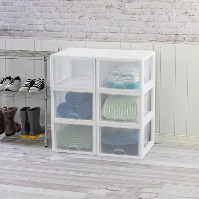 Sterilite 4-Pack 27 Quart Stacking Drawer, Clear Storage Closet Organizer, White Frame - Stackable Modular Plastic Drawers for Clothes, Accessories, Craft Supplies, Shoes or Linens