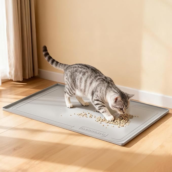 Aisslro Under Sink Mat 22" X 19", Waterproof Silicone Cabinet Organizer Protector with Raised Edge, Kitchen & Bathroom Leak Tray, Shelf Liner & Pet Feeding Mat for Dog Cat Food Mats, Light Gray
