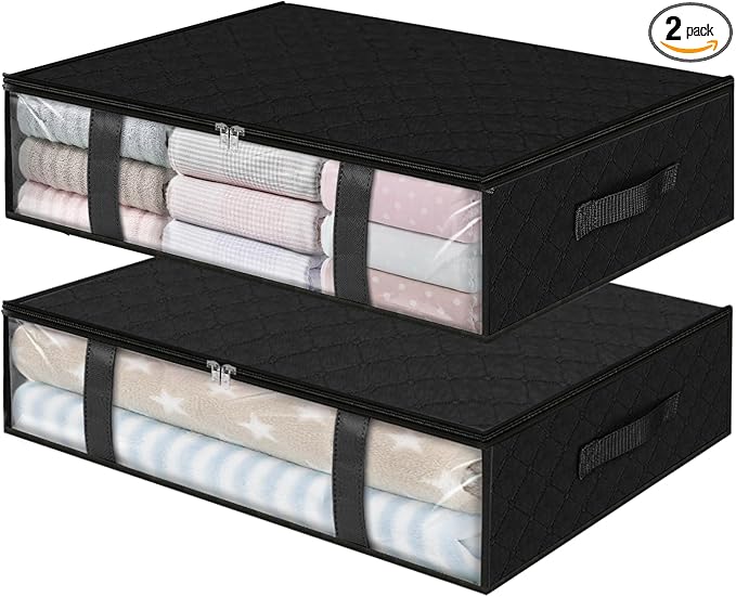 StorageRight Under Bed Storage Bins, 2-Pack 40L Foldable Fabric Storage Bags with Transparent Window, Breathable Organizer for Clothes/Blanket/Comforter/Quiltr, Black