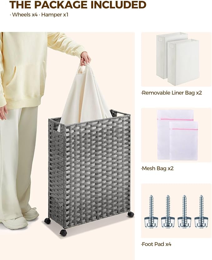 Greenstell Laundry Hamper with Wheels, 17.4 Gallon (66L) Slim Laundry Basket with 2 Removable Liner Bags & 2 Mesh Bags, Narrow Rattan Clothes Hamper for Bedroom, Laundry Room, Bathroom, Grey