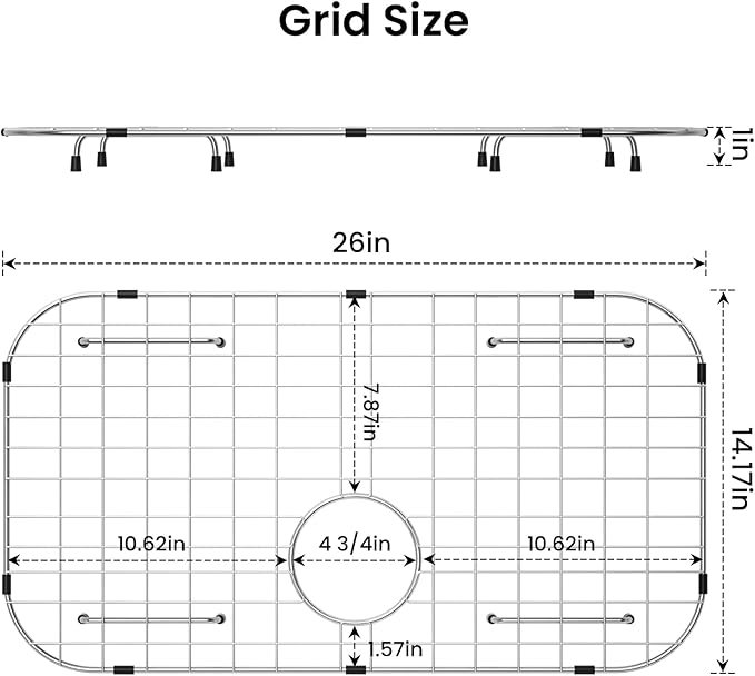 Sink Protector Grid 26-1/16" x 14-1/16", Rear Drain with Corner Radius 3-1/2", 304 Stainless Steel Material - Rear Drain