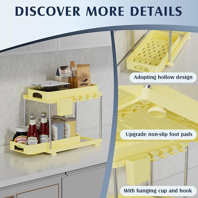 VERIFOST 2 Pack Under Sink Organizers and Storage, Height Adjustable Bathroom Cabinet Organizer, 2 Tier Under Sink Organizer with Hooks, Under Cabinet Organizer for Kitchen Bathroom (Yellow