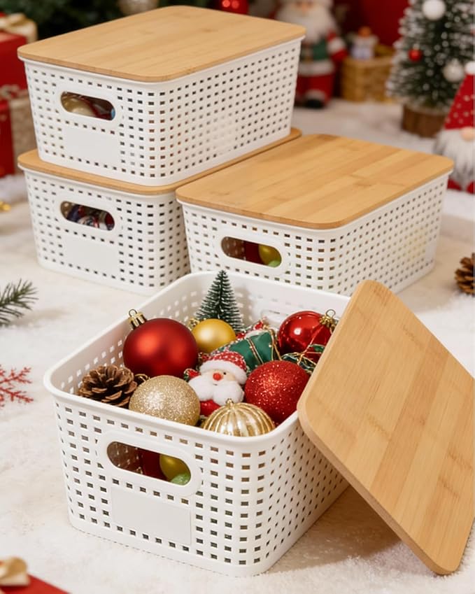 6 Pack Storage Bins with Bamboo Lids for Pantry Organization and Storage Containers for Shelves Drawers Desktop Closet Playroom Classroom Office Home,White