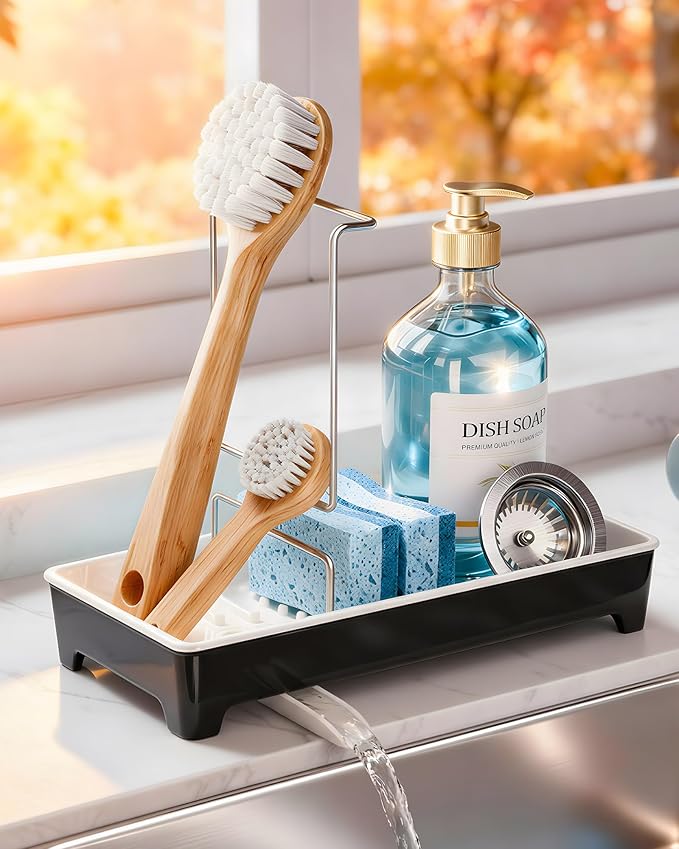 Minimalist Sink Caddy, Rustproof Sponge Holder for Kitchen Sink with 304 Stainless-Steel Brush Holder, Countertop Rack Organizer with Raised Ridges & Silicone Drain Tube (Black)