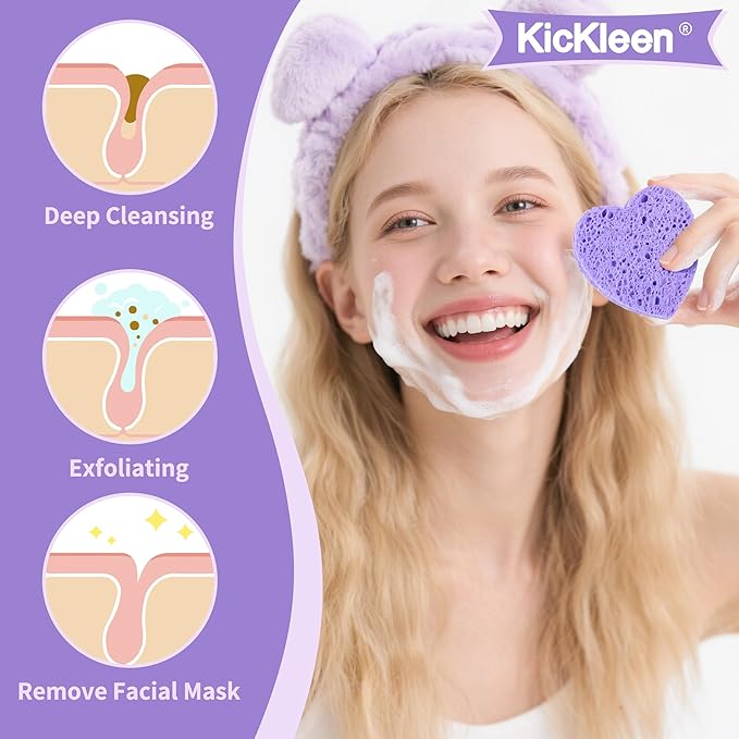 60-Count Kickleen Compressed Cellulose Heart Shape Facial Sponges | Natural Cosmetic Spa Sponges for Facial Cleansing | Exfoliating | Makeup Mask Removal | Reusable | Skin Massage (Purple)