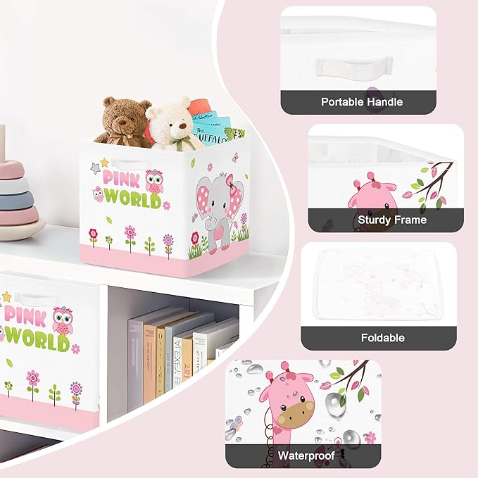 Clastyle Jungle Animal Kids Storage Cube Organizer Set Tree Closet Clothes Cube Storage Bin Nursery Toddler Toy Box Chest Boys Girls Book Shelf Basket,Pink,11.8x11.8x11.8 in