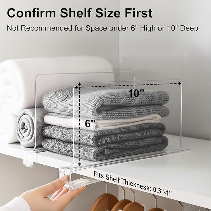 Shelf Dividers Purse Organizer for Closet: 6-inch Tall(Shorter Version) Acrylic Handbag Organizer - Small Space Separator for Clutches Evening Bags Pouches Mini-Bags on Wood Shelves 8-Pack