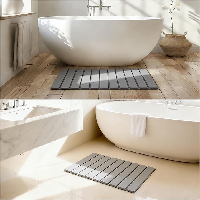 BJSNEIF Rolling Up Stone Bath Mat for Bathroom, Foldable with Absorbing Tray, Quick Drying, Non-Slip, Gray, 15.4x23.6 Inch, 2-Piece Set