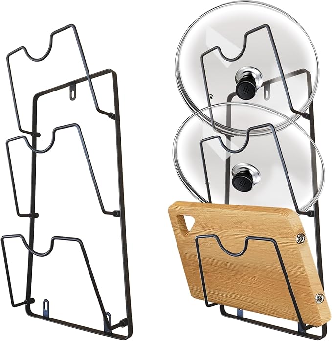 HABIC Pot Lid Organizer Rack, 3-Tier Pot Lids Holder for Cabinet Door/Wall, No Drilling Adhesive Wall/Door Mounted Rustproof Pot and Pan Cover for Kitchen Storage, Modern (black)