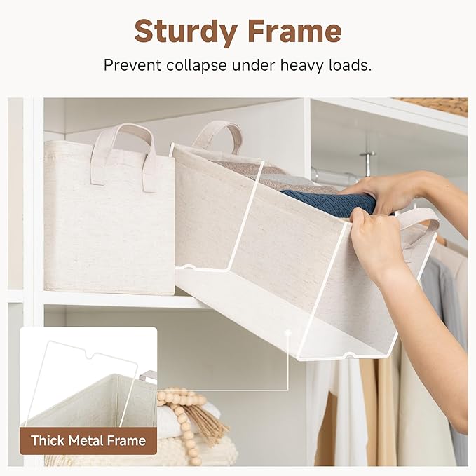 StorageWorks Storage Bins, Shelves Baskets for Organizing, Fabric Closet Organizers with Handles, Metal Frame, Beige-Cotton-linen, 2-Pack