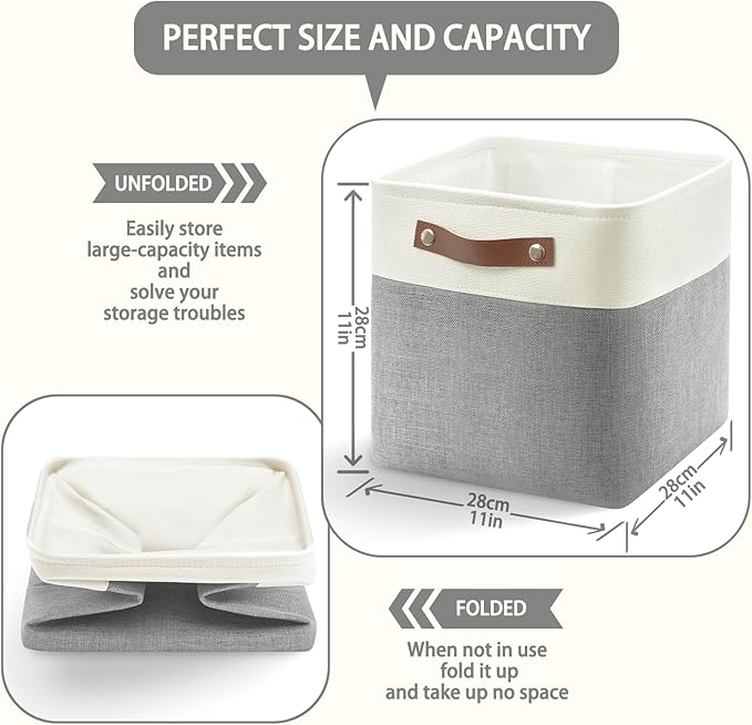 4-Pack Foldable Fabric Storage Cubes 11x11 Inch, Sturdy Cube Organizer Bins with Leather Handles, Storage Baskets for Closet Shelves and Home Organization(White/Gray)