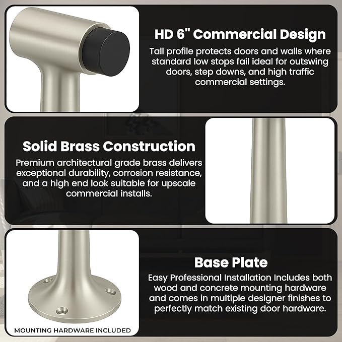 Heavy Duty 6″ Door Stopper, Solid Brass Commercial Grade, Floor Mount - Satin Nickel Finish (US15)