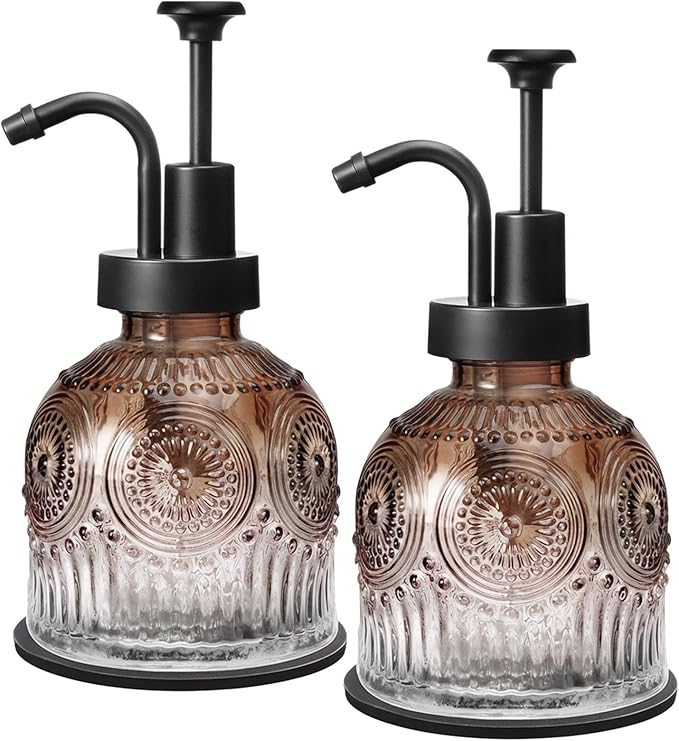 SheeChung Vintage Soap Dispenser, Kitchen Dish Soap Dispensers with Pump Mat, Glass Hand Soap Dispenser for Bathroom, Liquid, Lotion, Refillable, Rustic Farmhouse Decor-Brown (Black Pump, 2 pk)