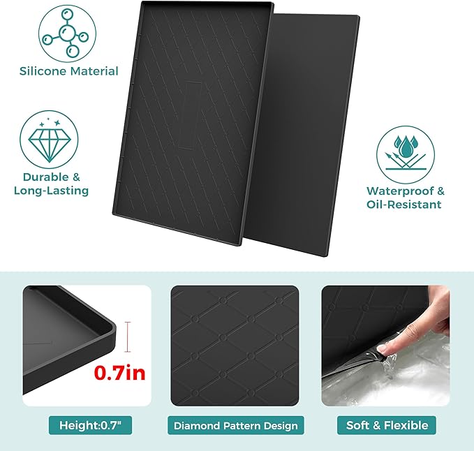 URMONA 16" x 10" Waterproof Silicone Mat in Multiple Sizes & Colors, Under Sink Mat for Kitchen & Bathroom, Pet Food Pad for Dogs & Cats, Kitchen Cabinet Liner, Multi-Purpose for Storage(Black)