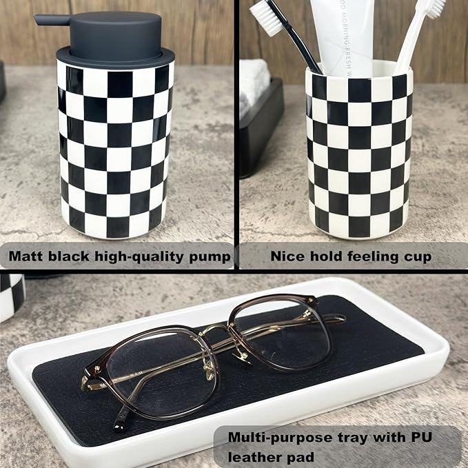 Bathroom Toothbrush Holder Set, Ceramic Soap Dispenser and Tooth Brush Holder Set, Modern Bathroom Accessories Sets Countertop, Black and White Checkered Bathroom Decor Set