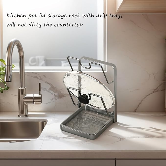 Kitchen Pot Lid Storage Rack, Stainless Steel Pot Lid Holder While Cooking for Countertop, Multifunctional Pots Lids Organizer Rack with Removable Drip Tray for Spatulas, Ladles & Large Lids (Gray2)