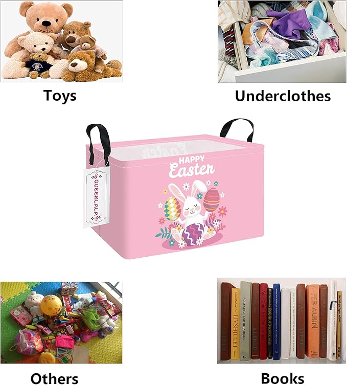 QUEENLALA Rectangular Laundry Hamper/Foldable Nursery Laundry Basket for Organizing/Storage Bin Baskets/Children Toy Office Bedroom/Toy Bin Closet Shelf Baskets (Rec-Pink Easter Rabbit Eggs)