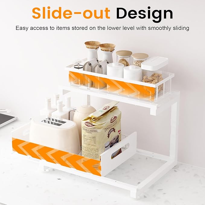 Under Sink Organizer, Heavy Duty Metal Pull Out Cabinet Organizer Slide Out Sink Shelf Organizer Height Adjustable, Multi-Purpose Storage Shelf for Kitchen Bathroom(White,1Pack)