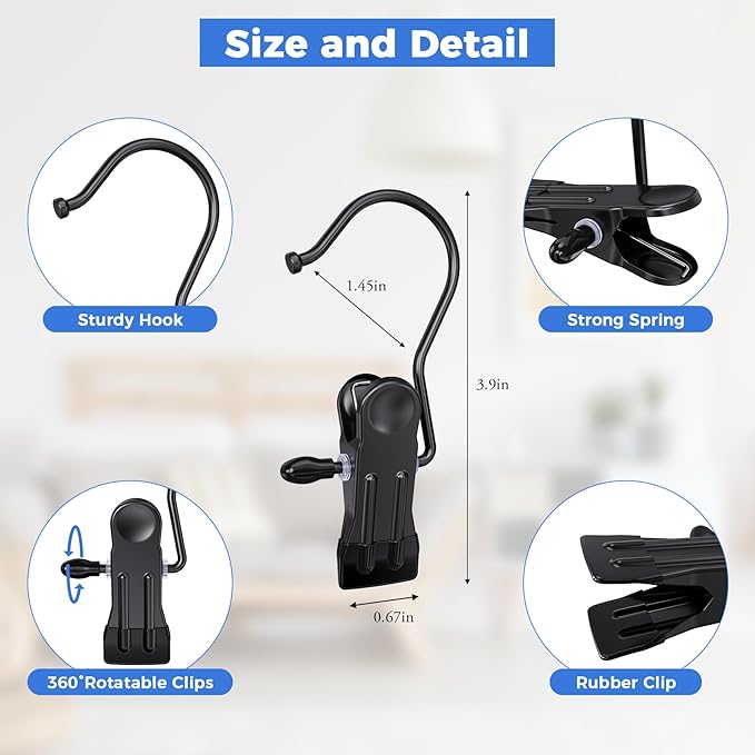 20 Pcs Boot Hangers Clips for Closet, Heavy Duty Legging Organizer for Closet Hanging Pants Hangers with Clips Clothes Pins Hanger Clips Laundry Hooks Bra Towel Socks Hats Tall Boots Home Travel Black
