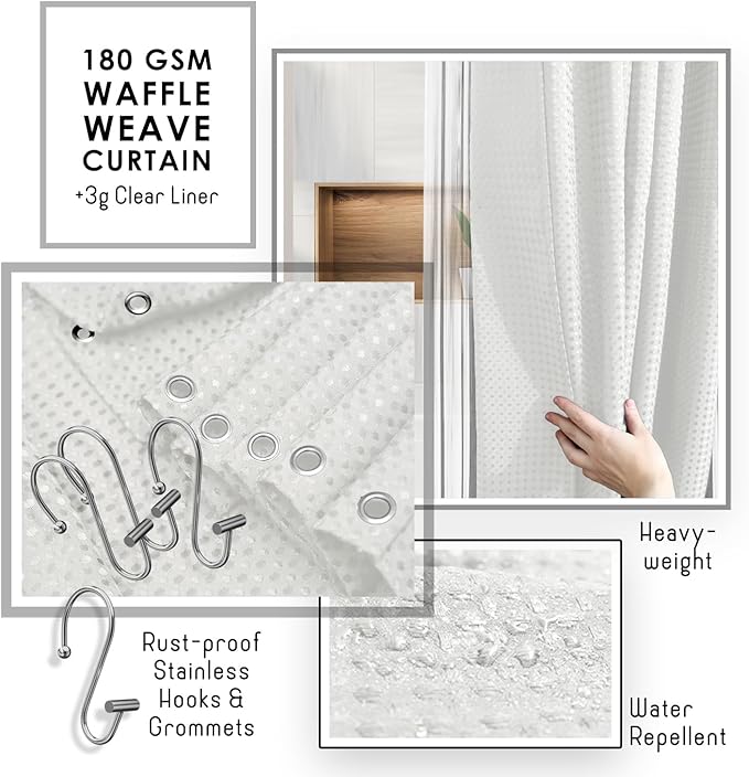 Clara Clark Bathroom Accessories Set - Bathroom Set, Bathroom Accessory Set, Shower Curtain Set, Toilet Brush, Trash Can & Soap Dispenser - White - 20PC