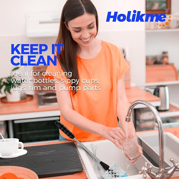 Holikme Bottle Brush Cleaner Set, 14" Long Handle Stainless Steel Bottle Cleaner Brush, 3 Straw Cleaner Brush, Bottle Cleaning Brush for Water Bottle, Cups, Abrasive Flat End Brushes, Straws White