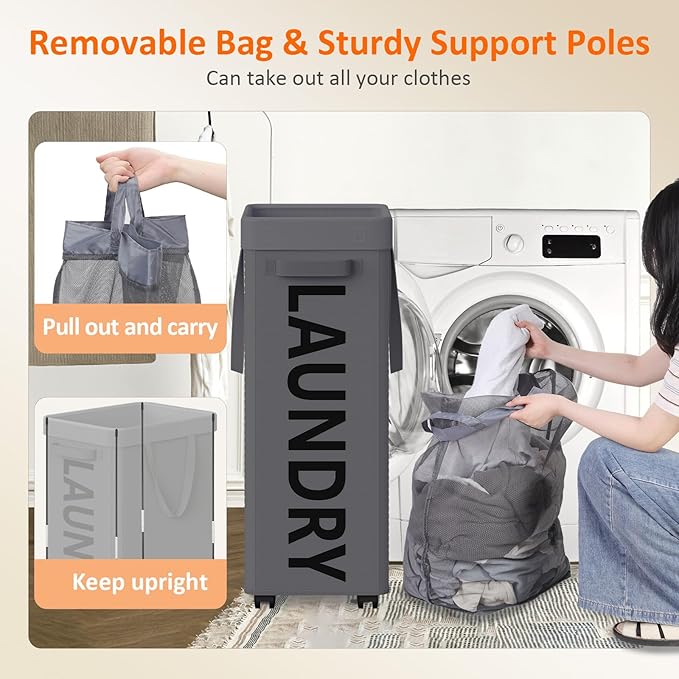 Laundry Basket with Wheels, 90L Rolling Laundry Hamper with Wheels, Large Clothes Hamper on Wheel with Removable Mesh Bag for Bedroom, Bathroom, Dorm, Grey