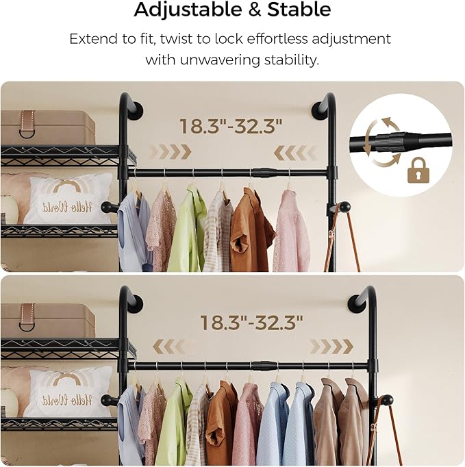 Closet Organizers and Storage, 4-Row Heavy Duty Clothes Rack for Hanging Clothes, Wall Mounted Closet System with 4 Telescopic Rods, 2 Fixed Rods, 5 Hooks, 8 Shelves for Wardrobe, Bedroom, Small Space