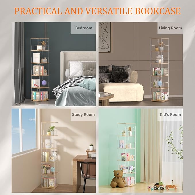 360° Rotating Bookshelf, 5-Tier Spinning Book Shelf Tower with Solid Wood & Clear Acrylic, Square Revolving Bookcase for Living Room, Bedroom and Office