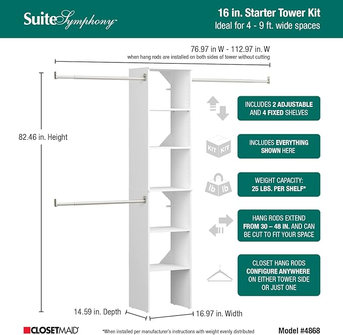 ClosetMaid SuiteSymphony Wood Closet Organizer Starter Kit with Tower and 3 Hang Rods, Shelves, Adjustable, Fits Spaces 4 – 9 ft. Wide, Pure White
