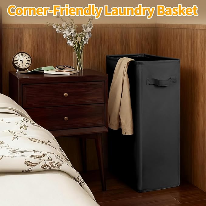 Slim Laundry Hamper, 48L Ultra Thin Collapsible Laundry Basket with Handles, Foldable Basket Laundry Bag Dirty Clothes Hamper for Bathroom Bedroom(Black)