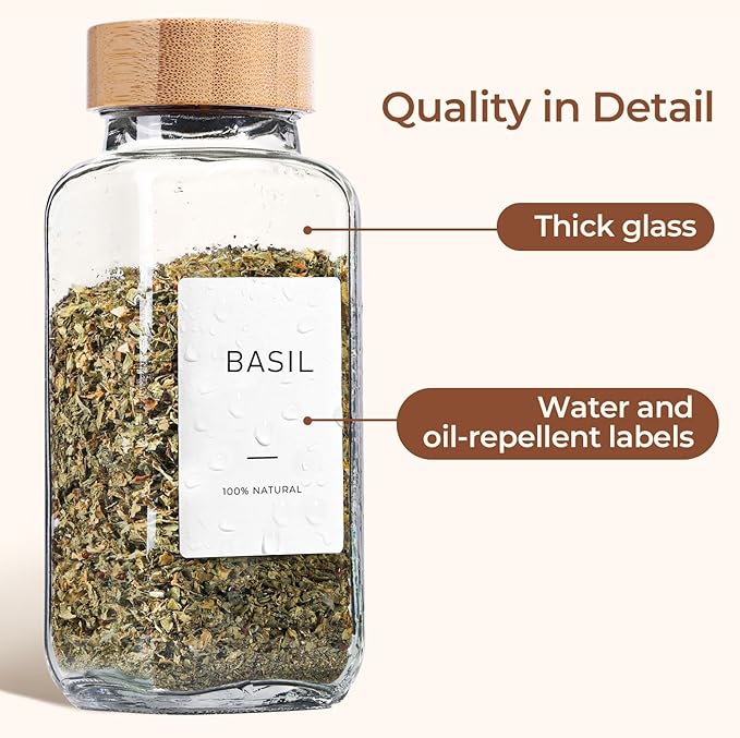 ComSaf 8 oz 6Pcs Glass Spice Jars with Label, Empty Spice Containers with Bamboo Lids, Square Seasoning Containers Trial and Supplement Set, Small Seasoning Bottles for Salt, Herbs, Sugar, Pepper