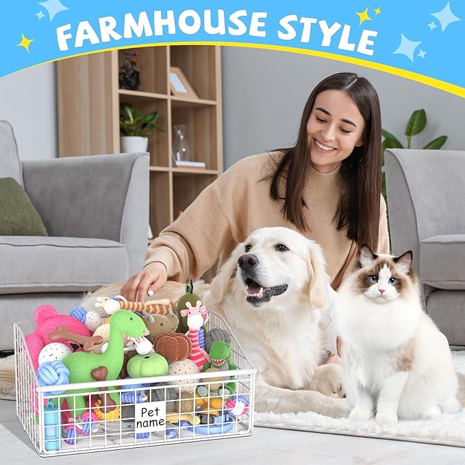 Indestructible Dog Toy basket, Medium Toy Box for Dogs,Pet Toy Bin Dog Metal Basket for Toys, Dog Toy Storage, Dog Storage Organizer,Dog Toy Box for Living Room Area (White)