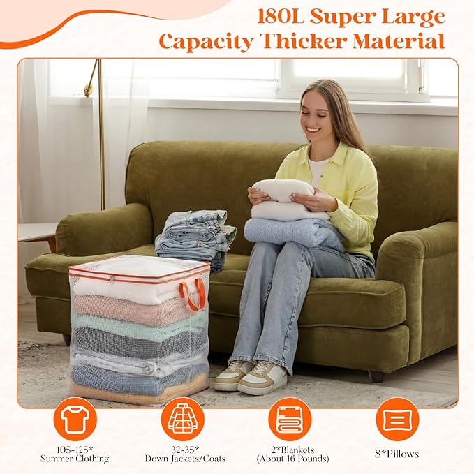 3 Pack 180l Extra Large Blanket Clothes Storage Bags, Transparent Moving Bags with Zippers & Handles for Organizing Clothes, Comforters, Blankets, Bedding, Pillow, Bedding, Travel, 47.6gal