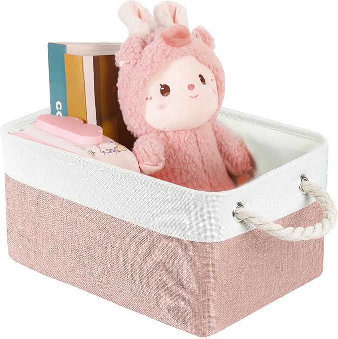 Storage Bins with Sturdy Cotton Handles(1 Pack), Fabric Storage Baskets for Organizing use for Office & Home, Book, Clothes, Toys, Closet Boxes (Medium, Pink-White, 14.2x10.2x7.1 inches)