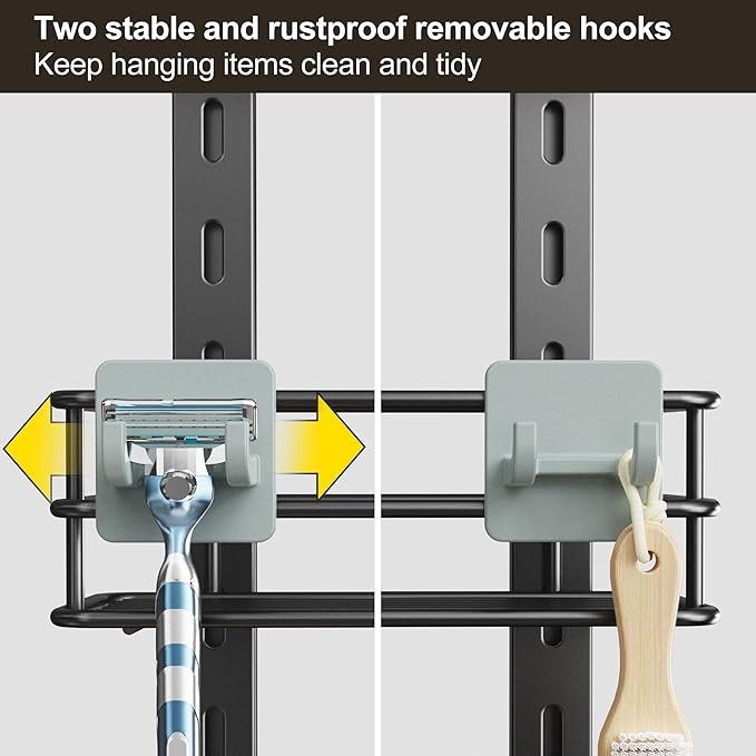 Orimade Adjustable Anti-slip Shower Caddy over Head, Rustproof Bathroom Hanging Shower Organizer with 2 Hooks for Razor, No Drilling Shower Shelves Storage Rack 3 Tier, Grey