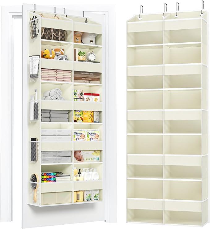 PureSpace 5-Tier Over The Door Organizer with 10 Side Mesh Pockets & Clear Windows, 80 lbs Weight Capacity Hanging Storage for Bathroom, Bedroom, Nursery, Kitchen, Organize Shoes, Diapers(Beige)