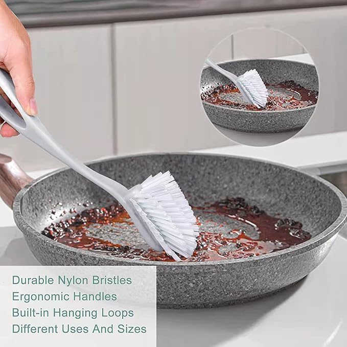 Dish & Bottle Brush Set, 4-Piece Kitchen Cleaning Brushes, Gray, Plastic Handles, Medium Bristles (Nylon or Polyester)