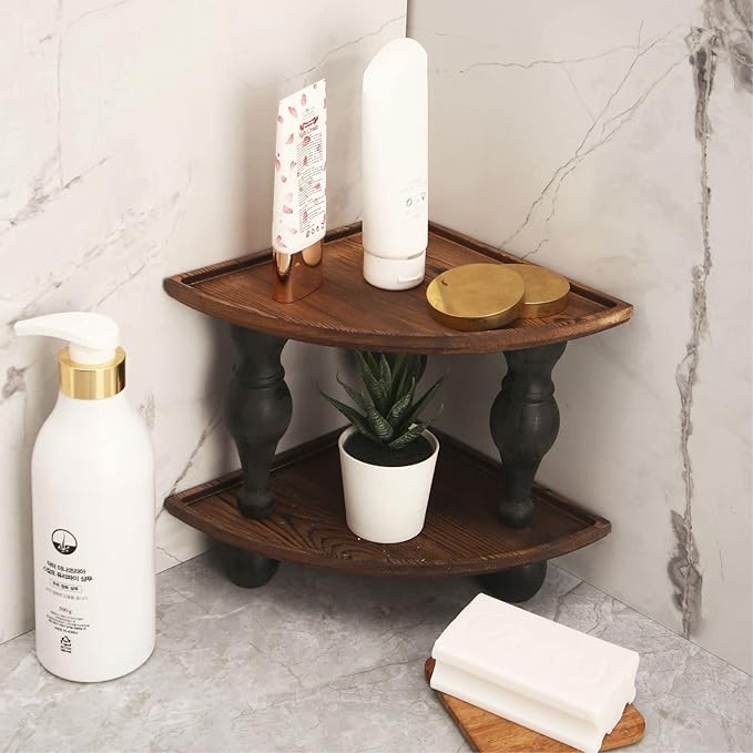 GoFika Small Corner Shelf Stand, 2 Tier Wooden Shelving Unit Black Riser, Vintage Corner Countertop Pedestal Stand Stackable Rack