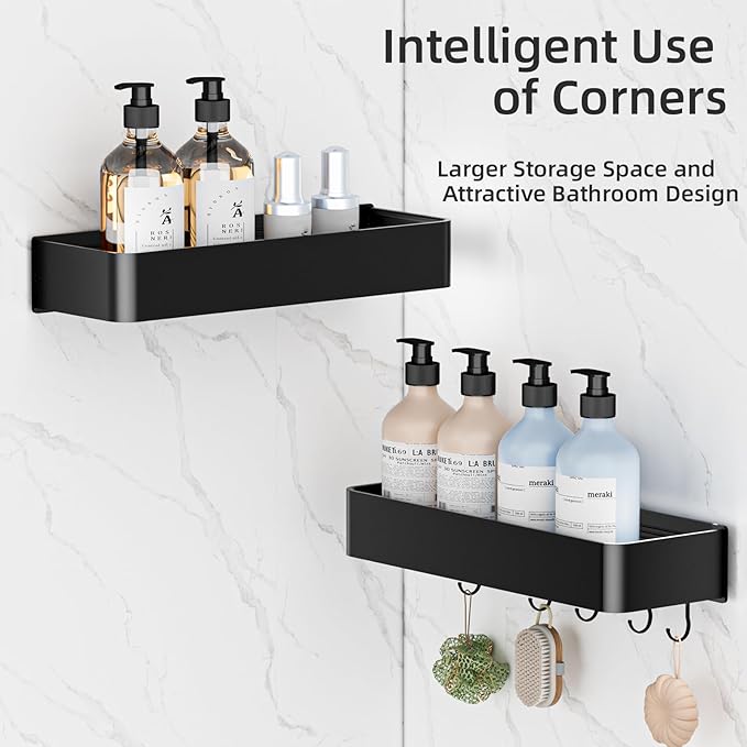 Shower Caddy Adhesive, No Drill Rustproof Bathroom Shelf, 2 Pack Large Capacity Aluminum Shower Shelves, Shower Organizer Rack with 5 Removable Hooks,Black