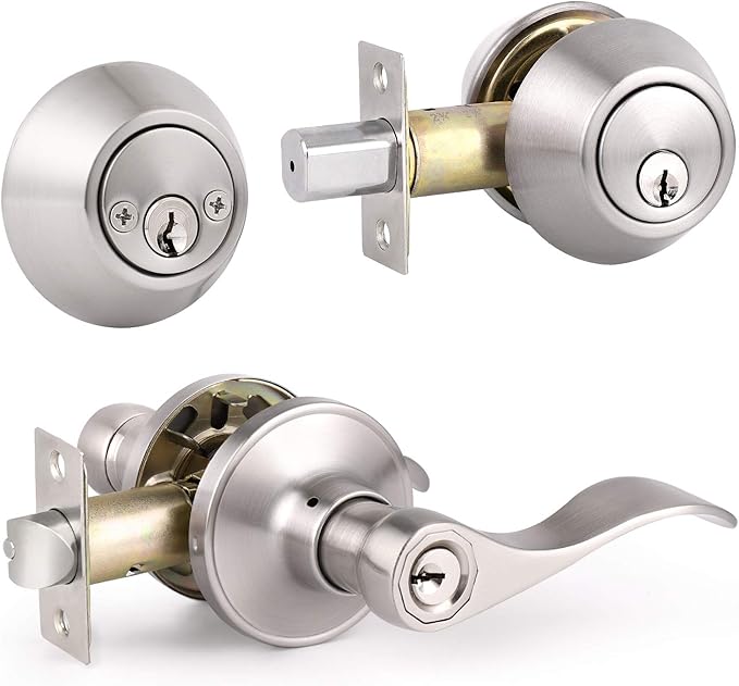 Knobonly 1 Set Entry Door Lever and Deadbolt Lock Set, Deadbolts Keyed Both Sides, All Keyed Same, Wave Style Front and Exterior Door Handleset with Double Cylinder, Satin Nickel Finish