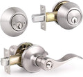 Knobonly 1 Set Entry Door Lever and Deadbolt Lock Set, Deadbolts Keyed Both Sides, All Keyed Same, Wave Style Front and Exterior Door Handleset with Double Cylinder, Satin Nickel Finish