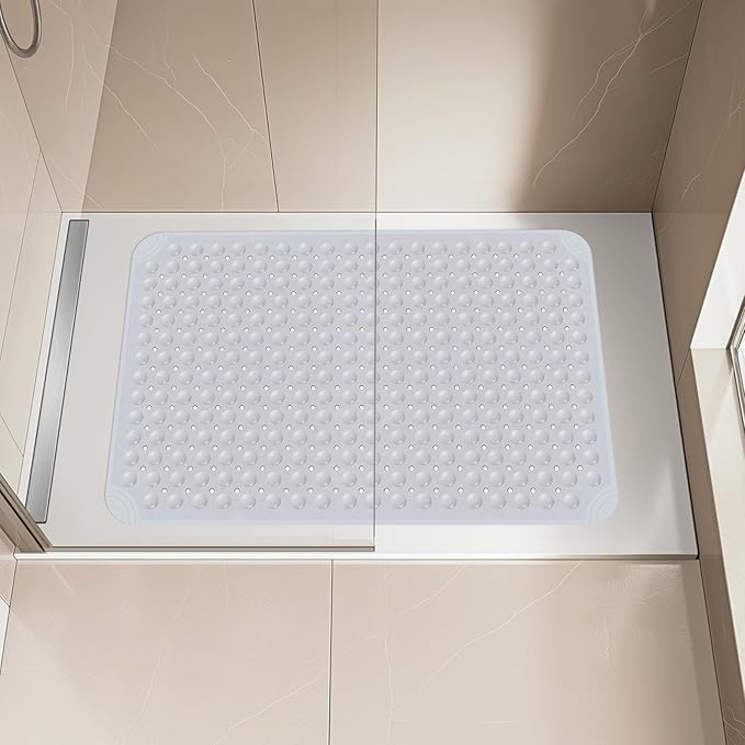OTHWAY Large Shower Mat 34"x 23", TPE Non Slip Shower Mat for Walk in Shower Stall, Inside Shower Mats with Drain Holes Suction Cups, Anti-Slip for Elderly Kids (Light Grey)