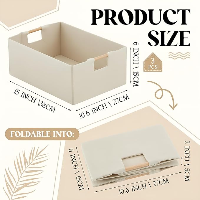 3 Pack Fabric Storage Bins for Closet Shelves, Rectangle Wardrobe Organizer with Handle, Collapsible Shelves Storage Basket for Sorting Clothes and Toy (Beige,15 x 10.6 x 6 Inch)