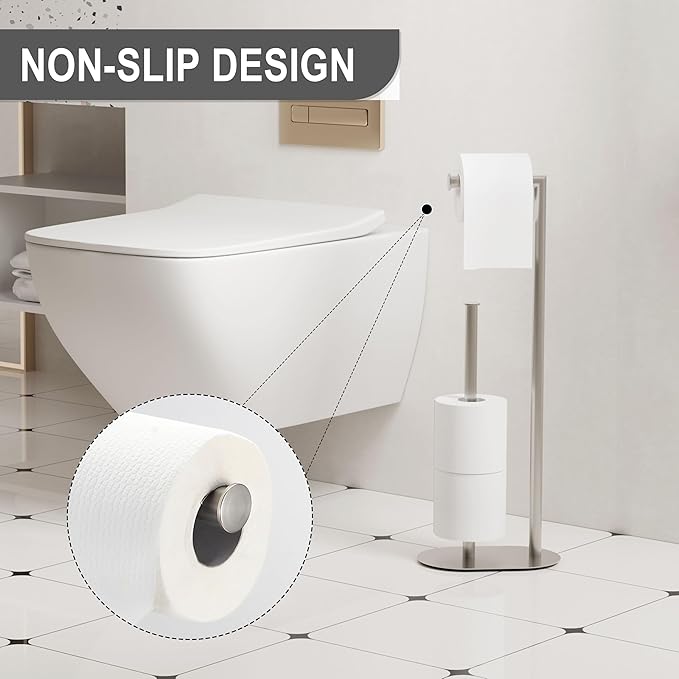 KLDKLD Brushed Nickel Freestanding Toilet Paper Holder with Reserve for Bathroom with Weighted Base, Modern Tissue Roll Holder Stand